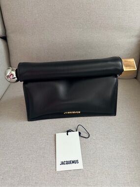 Jacquemus Black Leather Clutch with Gold and Silver Hardware